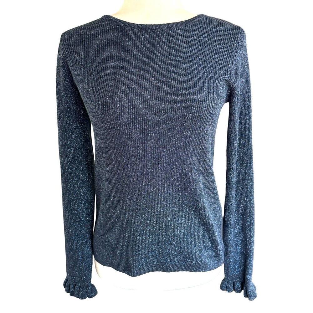 Wyse London Women's Top Blue Metallic Ruffle Edged Sleeves Sz 2 Long Sleeve